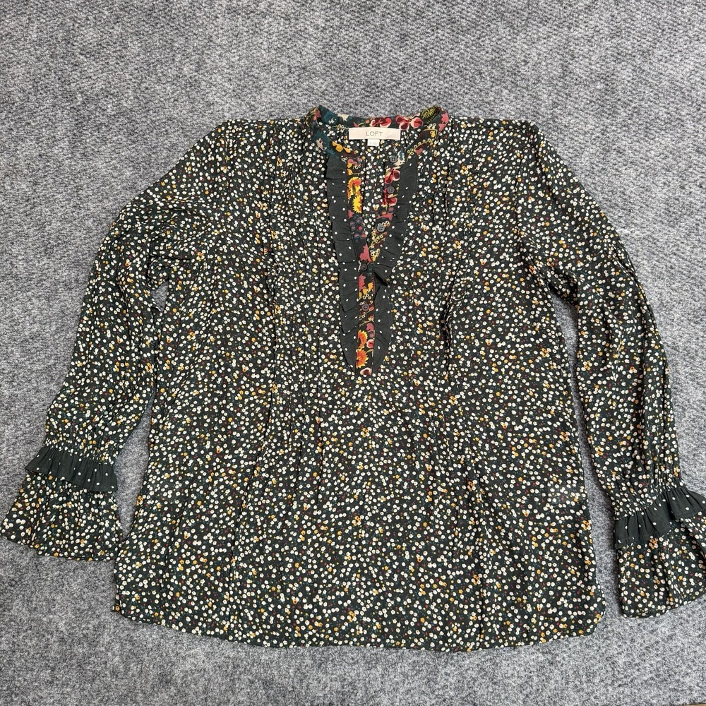 Loft Womens Long Sleeve Button Up Green Flower and Polka Dots Sheer Shirt Sz S